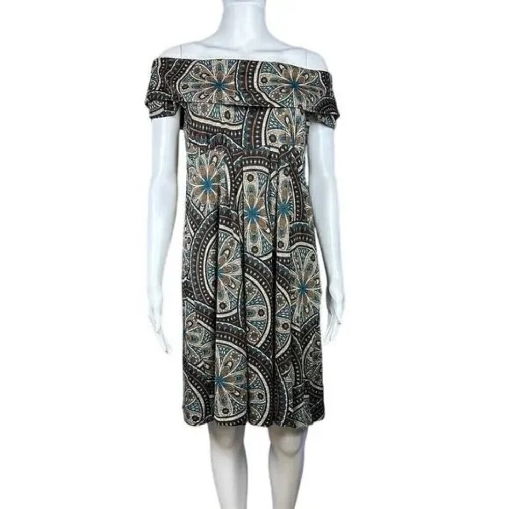 Jax Boho Off Shoulder Medallion Midi Dress Size 6 Brown Teal Lined